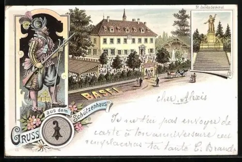 Lithographie Basel, Restaurant Schützenhaus, St. Jacobs Denkmal, Schweizer mit Gewehr