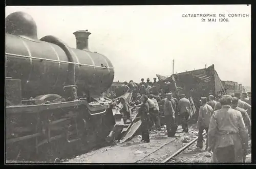 AK Contich, Trümmer der Eisenbahn nach der Eisenbahnkatastrophe 1908