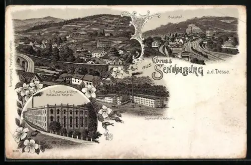 Lithographie Schumburg a. d. Desse, Bahnhof, Spinnerei und Weberei A. Stümpe & Söhne, Mechanische Weberei J. Mauthner