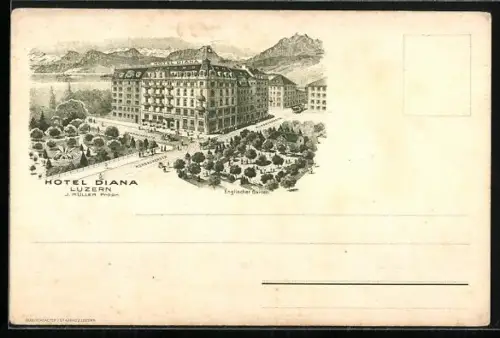 AK Luzern, Hotel Diana J. Müller mit Sempacherstrasse / Murbacherstrasse und Englischem Garten