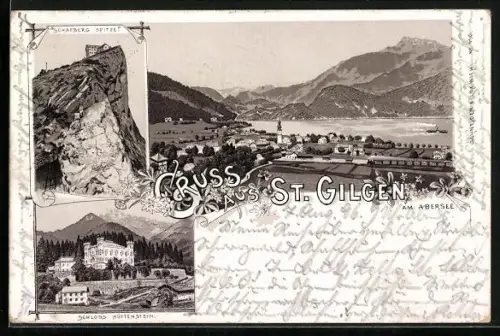 Lithographie St. Gilgen am Abersee, Schloss Hüttenstein, Schafberg Spitze