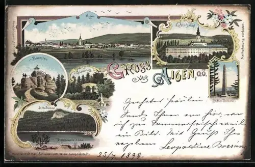 Lithographie Aigen, Stift-Schlägl aus der Vogelschau, Bärnstein, Stifter-Denkmal