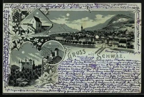 Mondschein-Lithographie Schwaz, Freundsberg, St. Michaels Kapelle, Schloss Siegmundslust