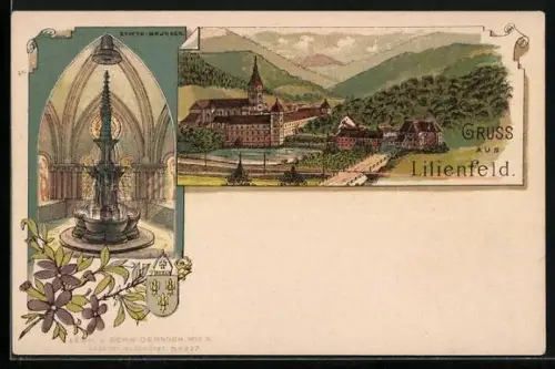 Lithographie Lilienfeld, Stifts-Brunnen, Wappen, Ortsansicht mit Bergpanorama