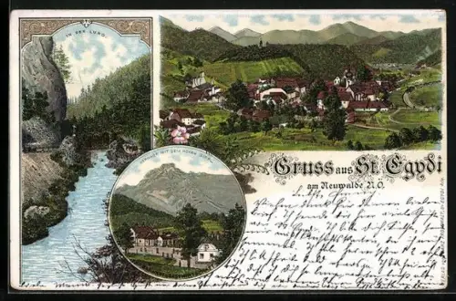 Lithographie St. Aegyd am Neuwalde, Ortsansicht, Kernhof mit dem Hohen Gippl