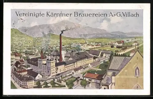 Künstler-AK Villach, Vereinigte Kärntner Brauereuen A.-G. aus der Vogelschau
