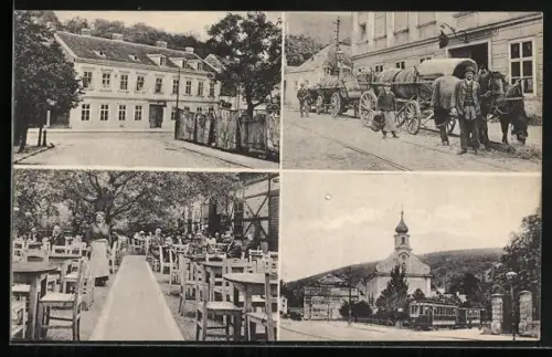 AK Wien, Josef Scheiderbauer`s Weinschank Dornbacherstrasse 116 mit Terrasse, Kirche, Pferdekutsche