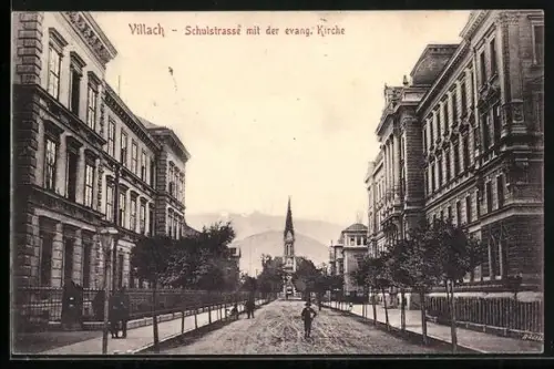 AK Villach, Schulstrasse mit Staatsbahn-Direktion und Gymnasium