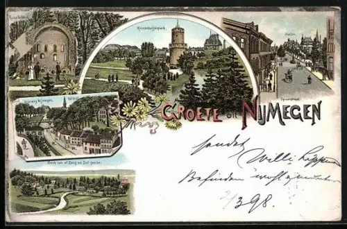 Lithographie Nijmegen, Kronenburgerpark, Station, Spoorstraat