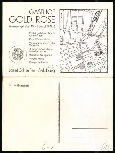 AK Salzburg, Gasthof Gold. Rose in der Auerspergstrasse 30, Inh. Josef Scherfler, Innen- und Aussenansicht, Karte