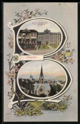 Grusskarten-AK Bienne, Ecole d`Horlogerie et Technikum, Teilansicht mit Kirche
