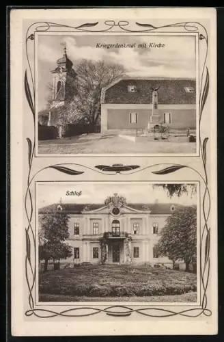 AK Wilfersdorf /N.-Ö., Kriegerdenkmal mit Kirche, Schloss