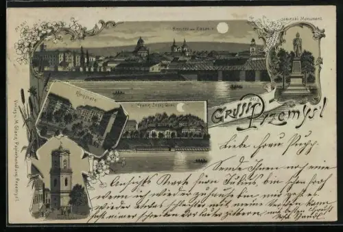 Mondschein-Lithographie Przemysl, Ringplatz, Franz Josef Quai, Uhrturm