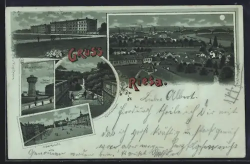 Lithographie Riesa, Hotel Höpfner und Wasserturm, Artillerie-Kaserne