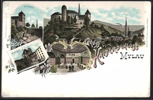 Lithographie Mylau, Schlosshof, Zwinger und Gesamtansicht vom Kaiserschloss