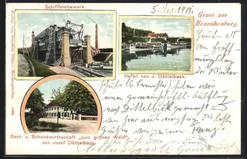AK Henrichenburg, Gast- u. Schenkwirtschaft zum grünen Wald v. Josef Döttelbeck, Schiffshebewerk, Hafen