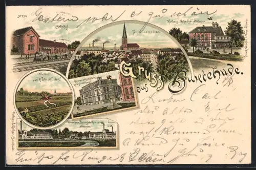 Lithographie Buxtehude, Bahnhof, Kurhaus Hohe Luft, Baugewerkschule m. Kriegerdenkmal, Papierfabrik