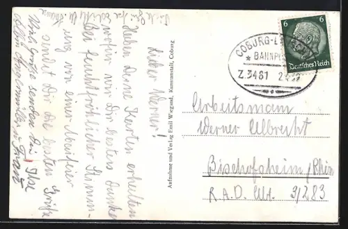 AK Neuses b. Coburg, Gasthaus, Rückert-Denkmal