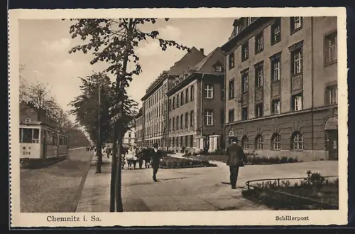 AK Chemnitz i. Sa., Strassenbahn an der Schillerpost