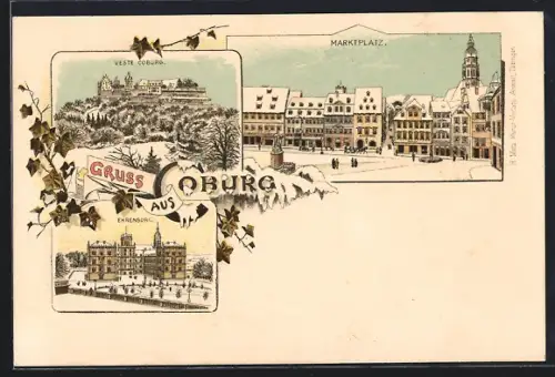 Lithographie Coburg, Marktplatz, Veste Coburg, Ehrenburg