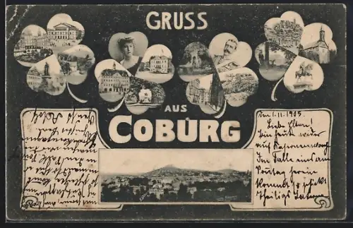 Grusskarten-AK Coburg, Ortsansicht aus der Vogelschau mit Veste