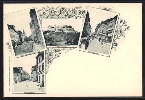 Lithographie Coburg, Ketschengasse, verschiedene Ansichten, Veste Coburg