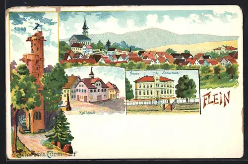 Lithographie Flein / Neckar, Rathaus, Schweins Turm und Ortsansicht