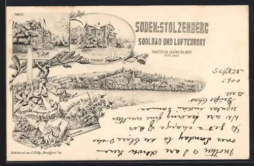 Lithographie Soden-Stolzenberg, Villa Vitriarius, Kurhaus, Sprudel