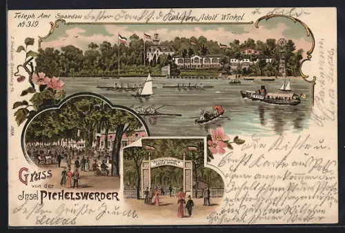 Lithographie Berlin-Pichelswerder, Gasthaus Wilhelmshöhe, Bes. Adolf Winkel