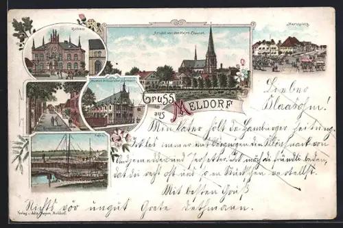 Lithographie Meldorf, Rathaus, Marktplatz, Museum Dithmarscher Altertümer
