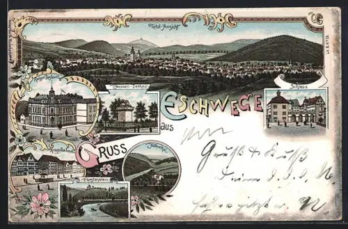 Lithographie Eschwege, Kaiserl. Postamt, Kriegerdenkmal, Hessen-Denkmal, Totalansicht