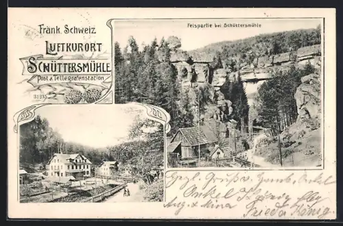 AK Schüttersmühle, Felspartie, Ortsansicht aus der Vogelschau