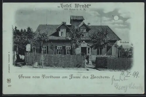 Mondschein-AK Torfhaus / Harz, Hotel Wendt mit Brocken