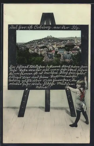 Schultafel-AK Coburg, Ortsansicht aus der Vogelschau