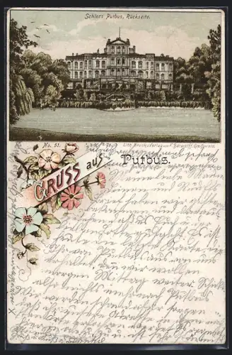 Lithographie Putbus, Rückseite des Schlosses