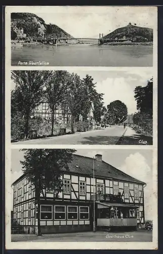AK Clus b. Minden i. W., Gasthaus, Inh. Fritz Strüwe, Ortspartie