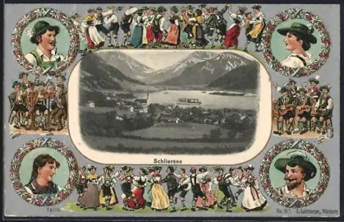 Passepartout-Lithographie Schliersee, Ortsansicht, Leute in Tracht