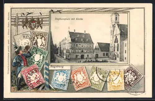 AK Augsburg, Stephansplatz mit Kirche, Briefmarken