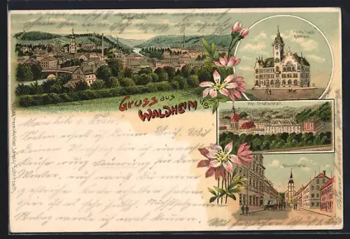 Lithographie Waldheim i. S., Kgl. Strafanstalt, Rathaus, Obermarkt