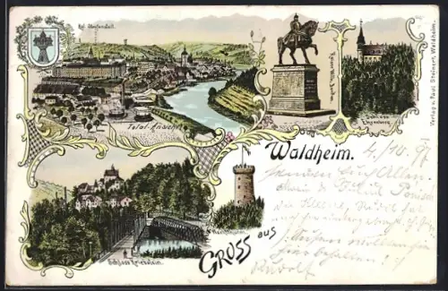 Lithographie Waldheim / Sachsen, Schloss Kriebstein, Wachturm, Schloss Ehrenberg, Wappen