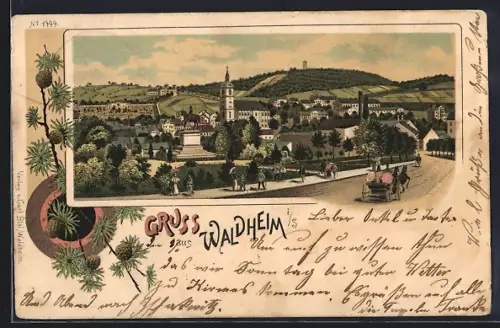 Lithographie Waldheim i. S., Ortsansicht aus der Vogelschau