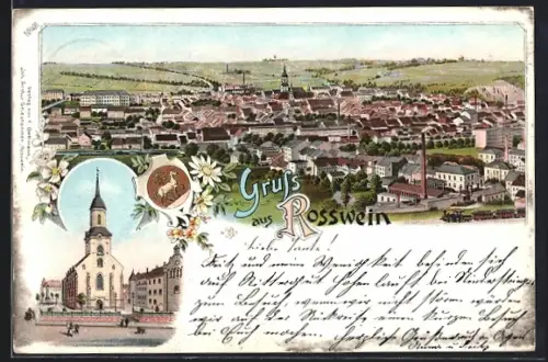 Lithographie Rosswein, Totalansicht, Kirche, Eisenbahn