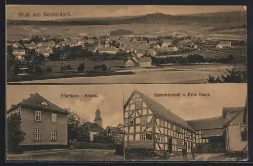AK Betziesdorf, Gasthaus von Peter Ebert, Pfarrhaus und Kirche
