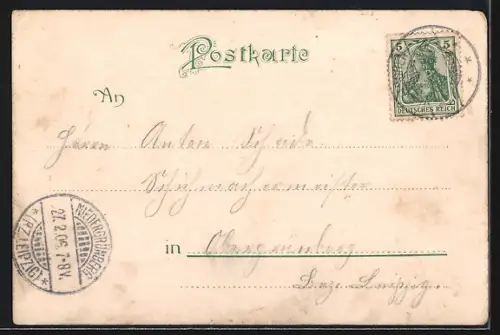 Lithographie Pölzig /S. A., Bahnhof, Schloss, Schule, Kirche