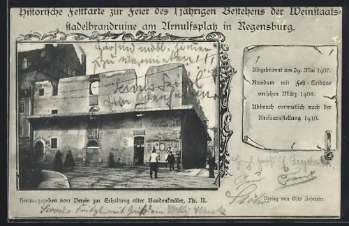AK Regensburg, Weinstaatsstadelbrandruine am Arnulfsplatz, Brand