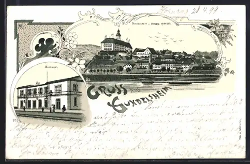 Lithographie Gundelsheim, Bahnhof, Ortsansicht u. Schloss Hornegg