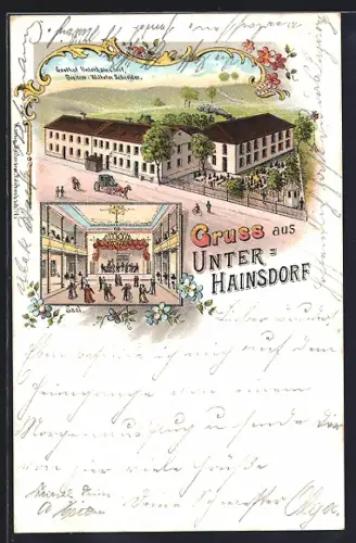 Lithographie Unterheinsdorf, Gasthof Wilhelm Schneider
