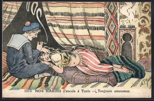 Künstler-AK Nos Marins, französischer Matrose mit einer Frau
