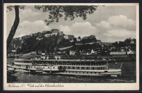 AK Koblenz, Dampfer Vaterland auf dem Rhein mit Blick auf den Ehrenbreitstein