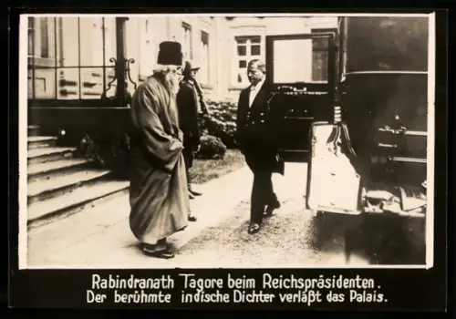 Fotografie bengalischer Dichter und Philosoph Rabindranath Tagore verlässt das Palais des Reichspräsidenten